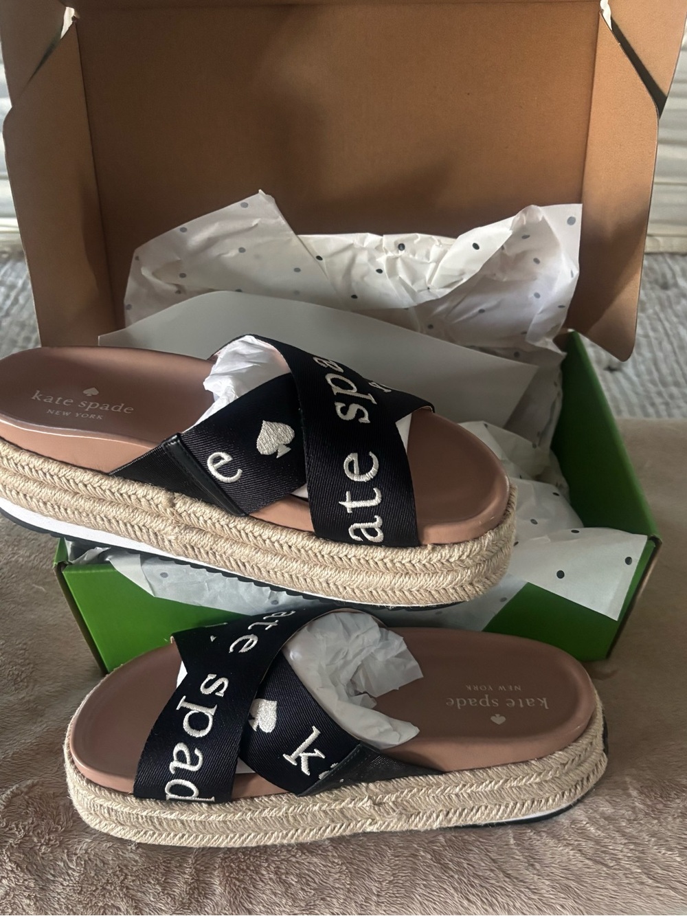New kate spade Piper Black Logo Espadrille Slide Sandals with Rope Platform